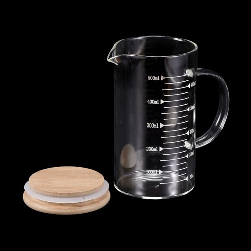 PATIKIL 500ml Glass Measuring Cup, 2 Pack 3.3 Borosilicate Glass Graduated White Printed Scale Liquid Measure Cups Beaker with Wood Lid and V-Shaped Spout for Kitchen - size: 500ml