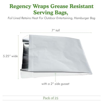 Regency Wraps Grease Resistant Snack Serving Bags, Foil Lined, Pack of 25 For Burgers, Sandwiches, Panini's, Pitas, Insulated to Keep food Warm - size: Pack of 25, style: Hamburger Bag