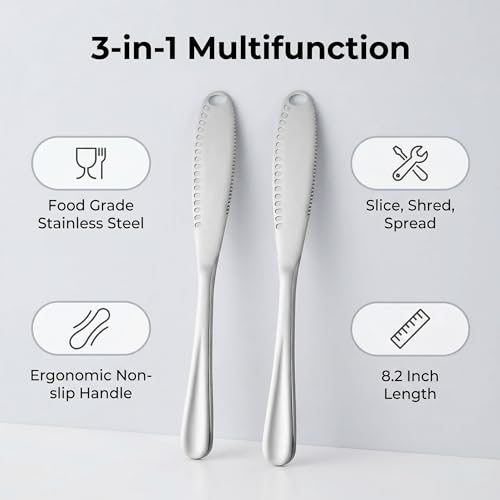3-in-1 Stainless Steel Butter Spreader Knife, 2 Pcs Serrated Butter Curler & Cheese Cutter for Cold Butter, Multipurpose Kitchen Gadget, Dishwasher Safe