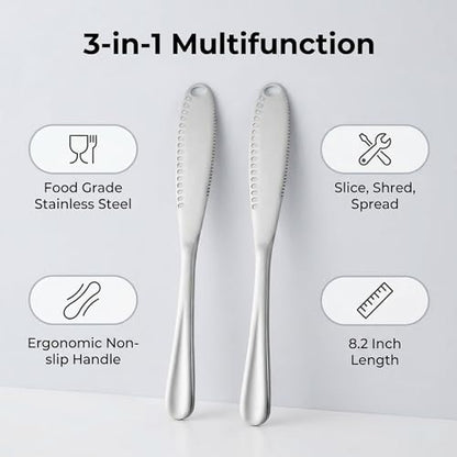 3-in-1 Stainless Steel Butter Spreader Knife, 2 Pcs Serrated Butter Curler & Cheese Cutter for Cold Butter, Multipurpose Kitchen Gadget, Dishwasher Safe
