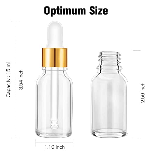 PrettyCare Glass Eye Dropper Bottles 24 Pack, 0.5oz (15ml) Clear Empty Thick Bottles Bulk with Leakproof Golden Caps - With Labels & Funnels for Storage, Travel, Essential Oils, Cuticle, Tinctures - color: 0.5oz Clear, style: 24 Pack