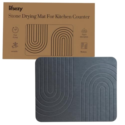 LIFSEZY- Stone Dish Drying Mat For Kitchen Counter, Super Absorbant Fast Drying Diatomaceous Earth Dish Drying mat, non slip, heat resistant, Gray, 15.3"" x 11.8''., sdm001 - size: 15.8" x 11.8"