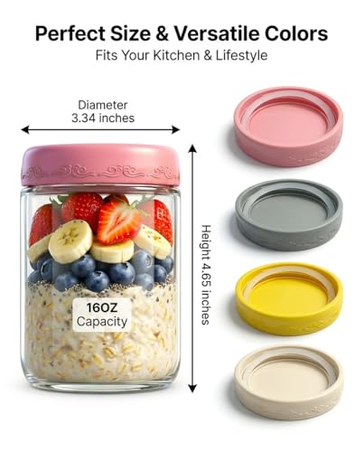 16oz 4Pack Glass Overnight Oats Jars Containers with Airtight Leakproof Lids, Reusable Mason Jars for Meal Prep, Yogurt Parfaits, Smoothies, Salads & Healthy Breakfasts (16 OZ-4-2) - color: 16oz-4-2