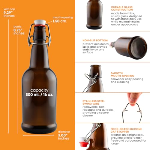 FastRack Swing Top Glass Bottles 16 oz – Pack of 6 | Amber Flip Top Glass Bottles with Airtight Lids | Resealable Grolsch-Style Fermentation Bottles for Kombucha, Beer, Mead, Soda, Vinegar & Water - color: Amber