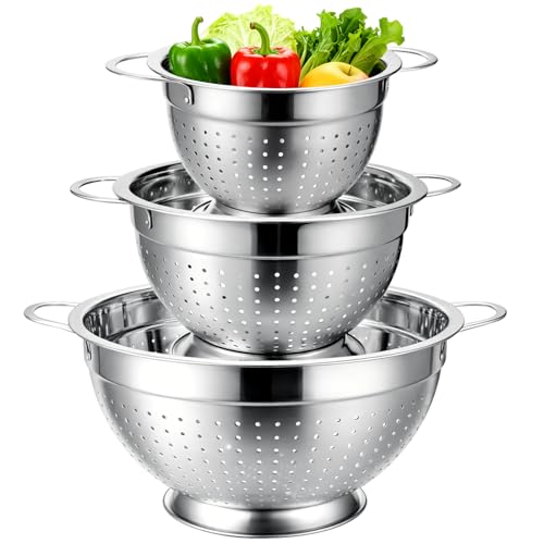 Palksky Stainless Steel Colander Set of 3, Nesting Metal Strainers with Handles and Raised Base, 7/8.7/11 Inch Kitchen Colanders for Pasta, Vegetables, Fruit, Rice, Salad and Meal Prep - color: 3 Sizes Colander Set with Handles