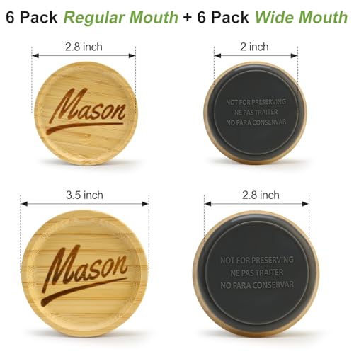 12 Pcs Reusable Regular Mouth Lids & Wide Mouth Mason Jar Lid Canning Supplies Bamboo Lid for Large Mouth Mason Jars Tops Glass Cups Small Wooden Silicone Airtight Covers Decorative Jar Lids - size: 6PCS-Regular Mason + 6PCS-Wide Mason