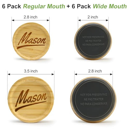 12 Pcs Reusable Regular Mouth Lids & Wide Mouth Mason Jar Lid Canning Supplies Bamboo Lid for Large Mouth Mason Jars Tops Glass Cups Small Wooden Silicone Airtight Covers Decorative Jar Lids - size: 6PCS-Regular Mason + 6PCS-Wide Mason