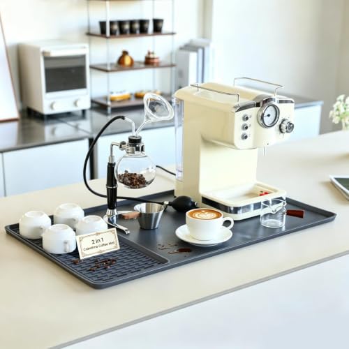 Caketime 2 In 1 Extra Large 16"x28" Silicone Coffee Bar Mat Accessories Heat Resistant for espresso Machine with Detachable Dish Drying Rug Waterproof Kitchen Office House Home Cafetera Must Have - color: Gray, size: 28" x 16"
