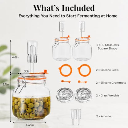 1L Wide Mouth Fermentation Jars, Pack of 2 Complete Fermenting Kit with Airlocks & Glass Weights for Sauerkraut, Kimchi & Pickles - size: 1 Liter