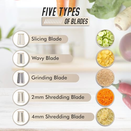 Rotary Cheese Grater Hand Crank, 5 in 1 Vegetable Slicer, Manual Cheese Shredder with Stainless Steel Blades, Food Grater for Cheese Vegetables Nuts, Suction Base, Easy Clean, Beige - color: Beige