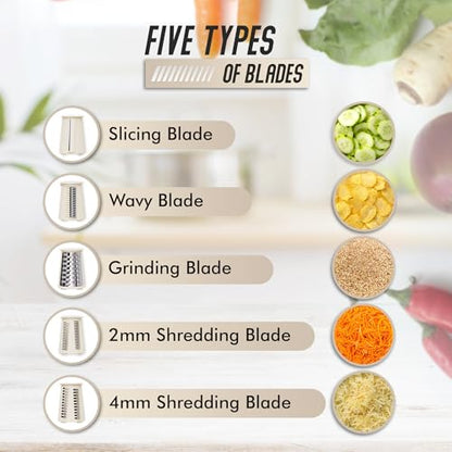 Rotary Cheese Grater Hand Crank, 5 in 1 Vegetable Slicer, Manual Cheese Shredder with Stainless Steel Blades, Food Grater for Cheese Vegetables Nuts, Suction Base, Easy Clean, Beige - color: Beige
