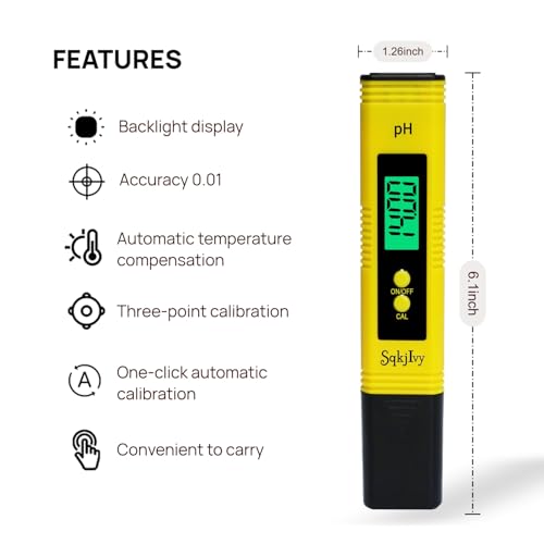 pH Meter for Water Tester Pen Monitor Water ph Meter Quality 0.01 High Accuracy Pocket Size with 0-14 Measurement Range for Soil,Household Drinking, Plants Growing,Pool and Aquarium（Yellow）