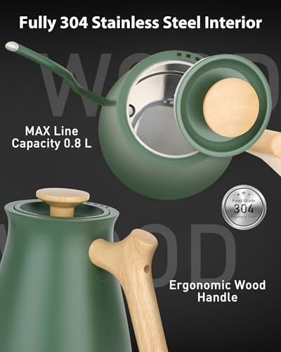 Harriet Gooseneck Electric Kettle - 1200W Fast Heat, 0.8L Stainless Steel, Precision Temp Control & Timer, Wood Handle, Pour Over Coffee and Tea, Green - color: Green