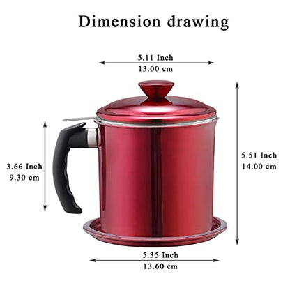 Kyraton Bacon Grease Container With Strainer, 48 oz Metal Shining Red Stainless Steel Oil Container, Pot Fat Storage With Lid, Easy Grip Handle Suitable For Storing Frying Oil And Cooking Grease - color: 4.Metal Red