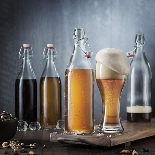 Bormioli Rocco Giara Swing Top Bottles 33 ¾ Ounce/1 Liter (6 Pack) ROUND Clear Glass Grolsch Flip Top Bottle With Stopper