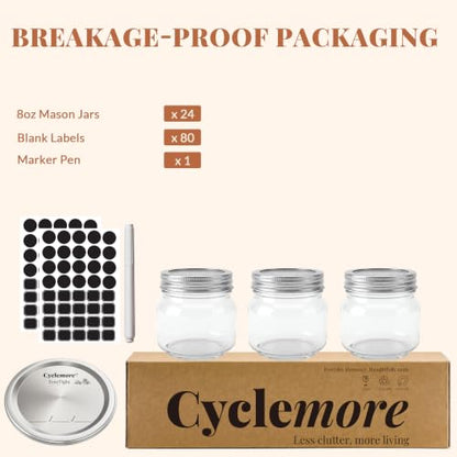 CycleMore 24 Pcs 8oz Clear Glass Mason Jars With Regular Silver Separable Lids, 250ml Round Spice Canning Jars for Honey, Jam, Herb, Wedding Favors, Kitchen Storage, DIY Souvenir - size: 8oz - 24 Pack