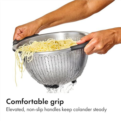 OXO Good Grips Stainless Steel Colander, 5 qt. Capacity, Strainer with Non-Slip Handles, Kitchen Colander for Pasta and Vegetables, Nesting Stainless Steel Strainer and Sieve - size: 5 Qt