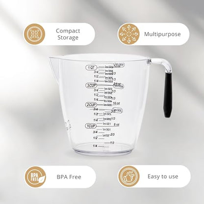 Dalup Measuring Cup Set – Clear Plastic Liquid Measuring Cups (8/16/32 oz) with Spout & Non-Slip Handle | 3-Piece Plastic Measuring Cup Set for Liquids & Dry Ingredients