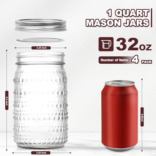 Wide Mouth Mason Jars 32oz, 4 Pack Quart Mason Jars with Lids, Glass Canning Jars for Pickling, Storing Food, Meal Prep, Salad Jam, Overnight Oats, Yogurt
