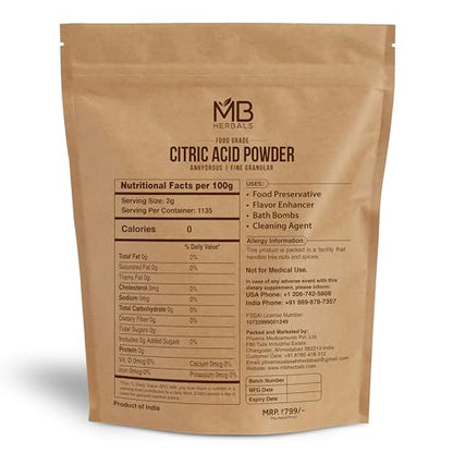 MB Herbals Anhydrous Citric Acid Powder 5 lb | 100% Pure Food Grade Fine Granulated Citric Acid Powder | Food Preservative Flavor Enhancer