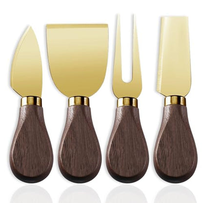 Linwnil 4-Piece Set of Stainless Steel Cheese Knives with Wood Hand, Including Cheese Slicer and Cheese Cutters, Essential Cheese Tools for the Kitchen (Walnut handle, Gold) - color: Gold
