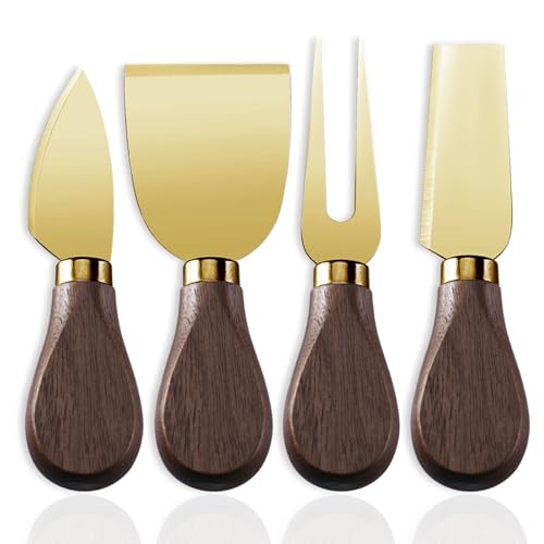 Linwnil 4-Piece Set of Stainless Steel Cheese Knives with Wood Hand, Including Cheese Slicer and Cheese Cutters, Essential Cheese Tools for the Kitchen (Walnut handle, Gold) - color: Gold