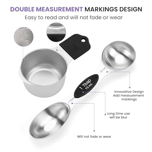 Magnetic Measuring Cups and Spoons Set-Heavy Duty 304 Stainless Steel，Double Measurement Markings，Set of 16 with Leveler for Measure Dry and Liquid Ingredients (Black) - color: Black