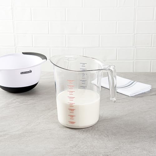 Restaurantware RW Base 4 Quart Measuring Jar 1 Durable Measuring Beaker - Metric And Imperial Units V-Shaped Spout Clear Plastic Measuring Cup Handle With Thumb-Grip Tolerates Up To 248F - color: Clear, size: 9.50" × 7.25" × 9.50"