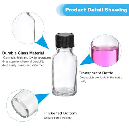 PATIKIL 0.5oz(15ml) Glass Sample Bottles, 24Pcs Round Bottle Dispensing Bottles with Black Poly Cone Cap for Reagent Liquids, Juice, Perfume Hot Sauce Ginger Shots, Transparent - color: Clear,Black, size: 0.5 oz