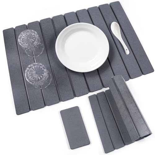 2 PCS Quick Dry Stone Dishes Mats for Kitchen Counter,Collapsible Quick Drying Dish Mats,Ultra Absorbent Diatomaceous Earth Mats for Dishes Bottles Cups, Match Any Countertop（Dark Gray 24"×16"& 8"x4"）
