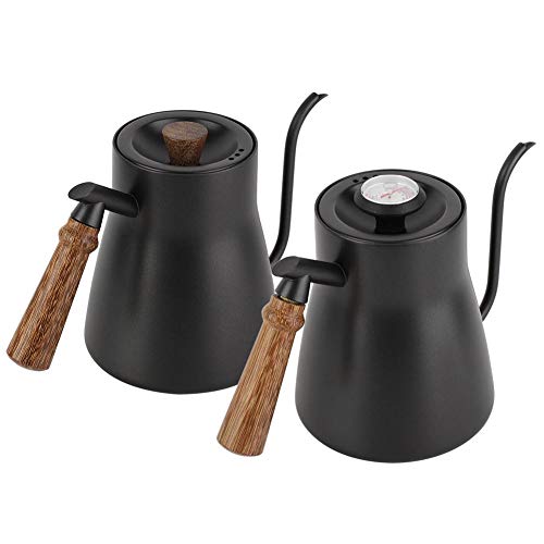 Fdit Coffee Kettle with Thermometer, 850ml Stainless Steel Drip Kettle, Wooden Handle, PTFE Coating, Black