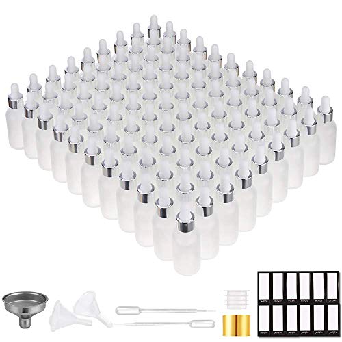 PrettyCare Glass Dropper Bottles Set of 99, 1oz (30ml) Frosted Empty Thick Bottles Bulk with Leakproof Silver Caps - With Labels & Funnels for for Storage, Travel,Essential Oils, DIY Serums - color: 1oz Frosted, style: 99 Pack