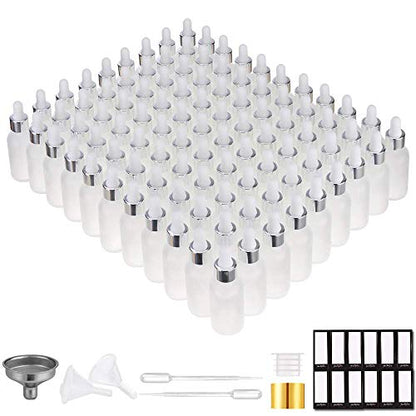 PrettyCare Glass Dropper Bottles Set of 99, 1oz (30ml) Frosted Empty Thick Bottles Bulk with Leakproof Silver Caps - With Labels & Funnels for for Storage, Travel,Essential Oils, DIY Serums - color: 1oz Frosted, style: 99 Pack