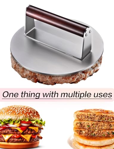 Heavy Duty 2.5 lb Stainless Steel Burger Press – 8.5 Inch Smash Burger Press Hamburger & Bacon Press for Steak, Meat, Flat Top Grill & BBQ, Polished Smooth Base Hamburger Smasher with Wooden Handle - color: 8.5 inches silver