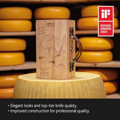 BOSKA Cheesemongers Parm Set Pro - Professional Cheese Knives - for Parmesan Cheese - Stainless Steel - in Wooden Case - Ergonomic - Scoring Knife, Breaking Knife and 2 Parmesan Knives
