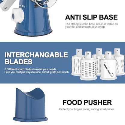 Cambom Rotary Cheese Grater Hand Crank Cheese Shredder for Fresh Cheese, Vegetable, Nuts,Non-slip Suction Base, Five Blades, Dark Blue - color: Dark Blue, size: 5 BLADES