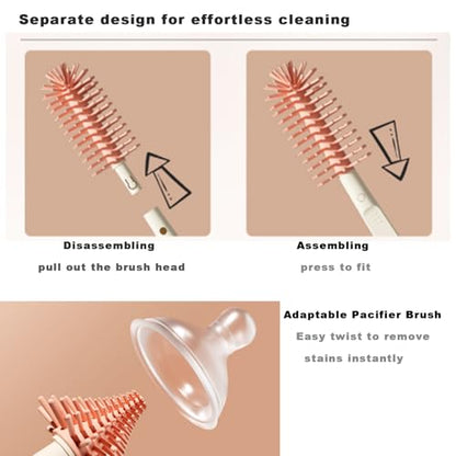 PandaEar Portable Bottle Brush Set with Case, Baby Travel Essential-6 in 1 Bottle Cleaning Tool, Bottle Cleaner Kit with Silicone Brush, Nipple Brush, Straw Brush, Bottle Dispenser, Pink