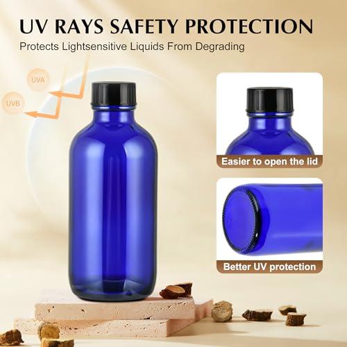Small Glass Bottles with Lids Boston Round Shot Bottles for Health, Immunity, Ginger Juice, Essential Oils, Potion - Leak Proof Mini Travel Containers (Blue UV, 4oz-24Pack) - color: Blue UV, size: 4oz-24Pack