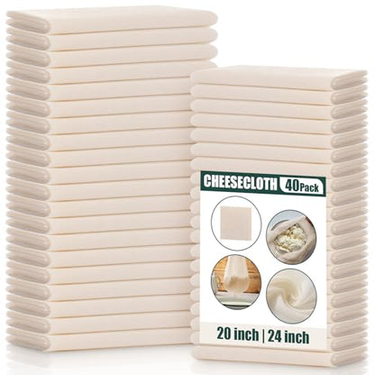 40 Pcs Cheesecloth for Straining Grade 100 Cheese Cloths Bulk 24 x 24 Inches and 20 x 20 Inches Hemmed Unbleached Cotton Muslin Cloth Reusable for Cooking Baking Juicing Cheese Making
