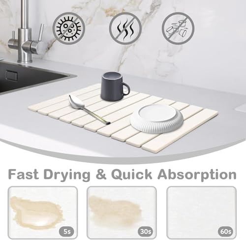 2 PCS Large Stone Dish Drying Mat for Kitchen Counter, 24"×16" Dish Drying Mat with 8"x 4" Coasters, Non - Slip Collapsible Absorbent Mat for Multi - Purpose, Match Any Countertop【White】
