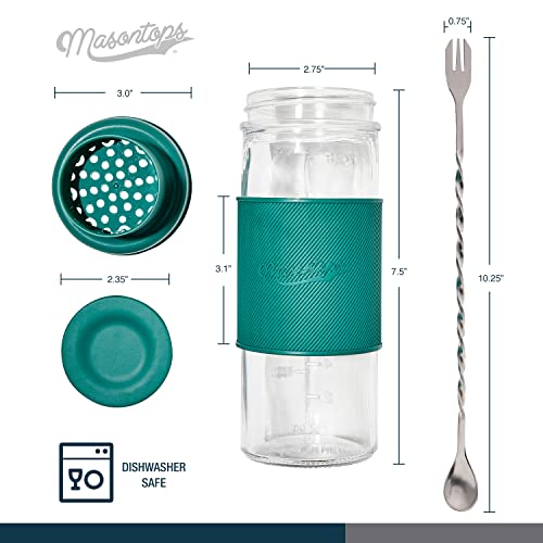 Masontops Cocktail Shaker Set – Glass Mason Jar Drink Shaker – 4 PC Set with Metal Swizzle Stick - Teal - color: Shaker Set Teal