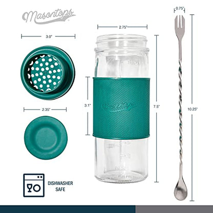 Masontops Cocktail Shaker Set – Glass Mason Jar Drink Shaker – 4 PC Set with Metal Swizzle Stick - Teal - color: Shaker Set Teal