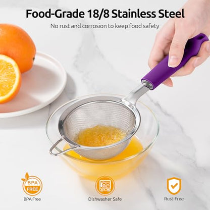 U-Taste Small Fine Mesh Strainer: 18/8 Stainless Steel 3.35in 30 Mesh Kitchen Food Sieve with Sturdy Riveted Silicone Handle, Heavy Duty Deep Handheld Metal Colander for Tea, Juice (Purple) - color: (5) Purple, size: S-3.35in