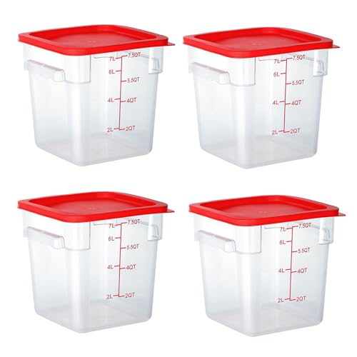 4 Pack 8 Qt Square Polycarbonate Food Storage Containers with Lids | Clear BPA-free PC with lids, side handles, measurement scale and stackable design; for food prep, storage and freezer use. - color: 8Qt