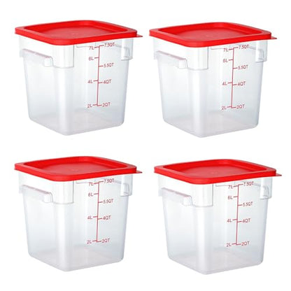 4 Pack 8 Qt Square Polycarbonate Food Storage Containers with Lids | Clear BPA-free PC with lids, side handles, measurement scale and stackable design; for food prep, storage and freezer use. - color: 8Qt