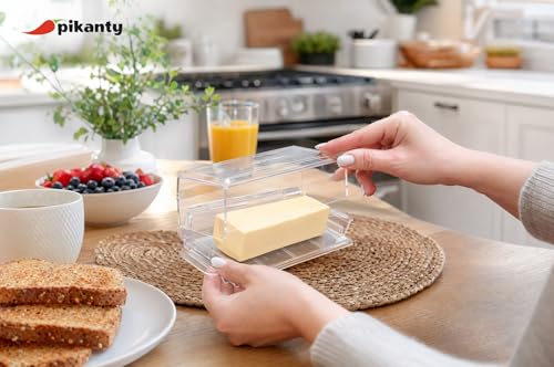 Pikanty Airtight Butter Dish with Hinged Lid - Large Plastic Butter Container for Countertop or Fridge, Fits East & West Coast Sticks, Dishwasher Safe, Made in USA - style: Butter Dish