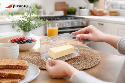 Pikanty Airtight Butter Dish with Hinged Lid - Large Plastic Butter Container for Countertop or Fridge, Fits East & West Coast Sticks, Dishwasher Safe, Made in USA - style: Butter Dish