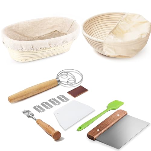 Dimpola Banneton Bread Proofing Basket Banneton Basket Set Sourdough Proofing Basket Round Proofing Bowls Handmade Rattan Baskets and Liners (Oval & Round Baking Set) - style: Oval & Round Baking Set