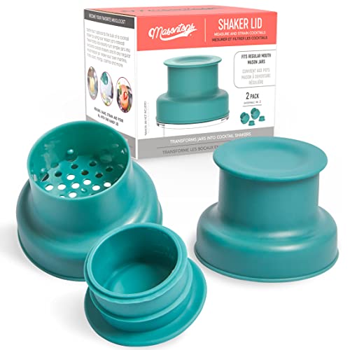 Masontops Cocktail Shaker Lids – Compatible with any Regular Mouth Mason Jar – 2-Pack with 1oz Jigger Caps - Teal - color: Shaker Lids Teal