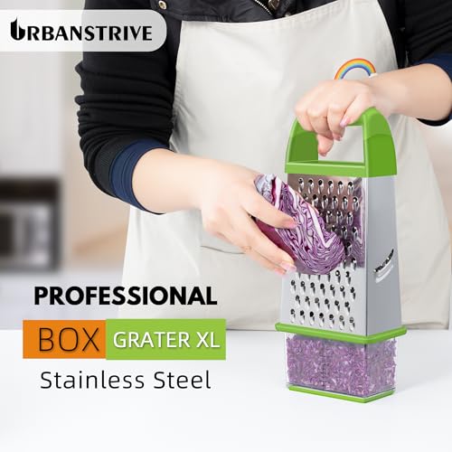 Urbanstrive Cheese Grater With Container, Professional Cheese Grater with Handle, Stainless Steel Graters for Kitchen Handheld, Box Grater with 4 Sides for Vegetables, Ginger, Potatoes (Green) - color: Green